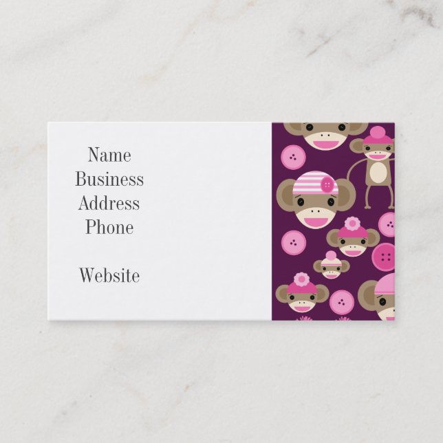 Cute Girly Pink Sock Monkeys Girls on Purple Business Card (Front)