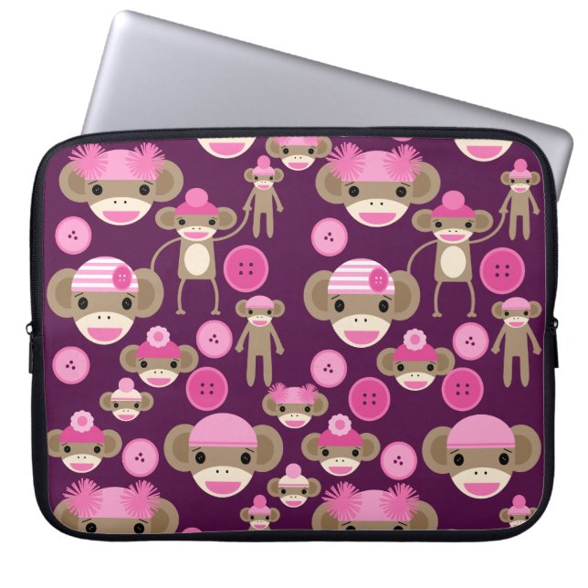 Cute Girly Pink Sock Monkeys Girls on Purple Laptop Sleeve (Front)