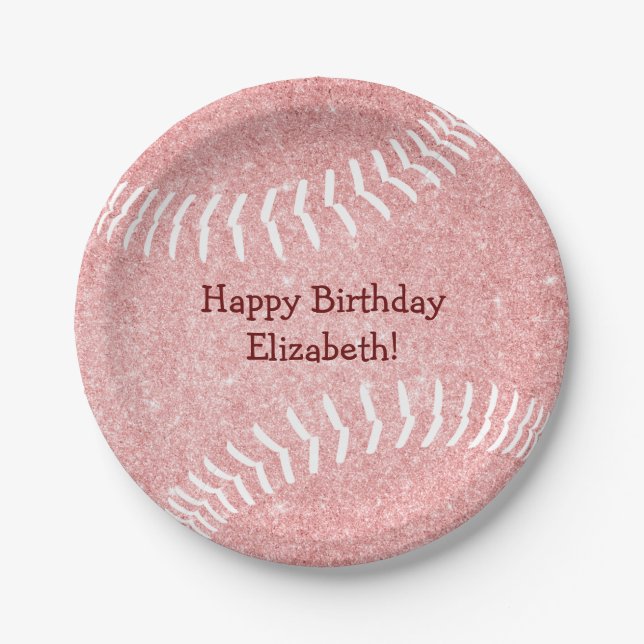 cute girly pink softball baseball birthday party paper plate (Front)