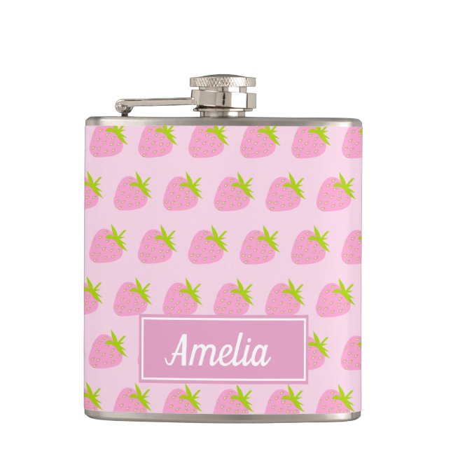 Cute Girly Pink Strawberry Pattern Personalised Hip Flask (Front)