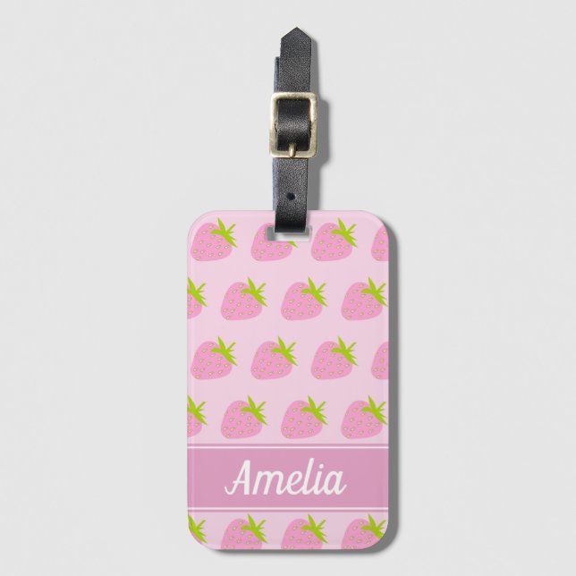 Cute Girly Pink Strawberry Pattern Personalised Luggage Tag (Front Vertical)