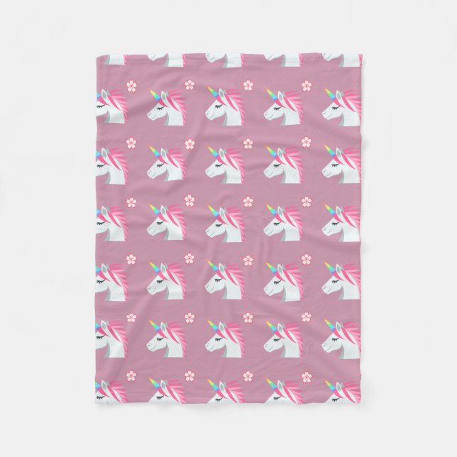 Cute Girly Pink Unicorn Flower Emoji Pattern Fleece Blanket (Front)