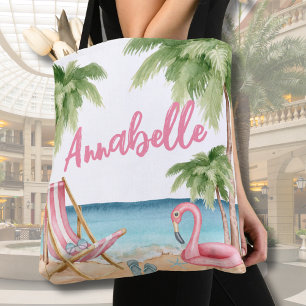 Cute Girly Pink Watercolor Tropical Beach Tote Bag