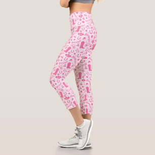Cute Girly Pink White Howdy Cowgirl Capri Leggings