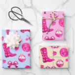 Cute Girly Preppy Pink Christmas Blue Beige Wrapping Paper Sheet<br><div class="desc">Girly and preppy pink Christmas theme that goes beyond traditional holiday ideas is definitely this year's trend. Cowgirl boot, roller skate from the 70s, glittery disco ball and cherries, sweet strawberry, Nutcracker in pink, glam fluffy hot pink Christmas tree and satin bow tie and bauble and there's your stylish and...</div>