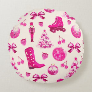 Cute Girly Preppy Pink Christmas Pattern Round Cushion
