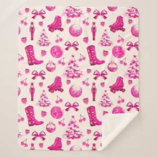 Cute Girly Preppy Pink Christmas Pattern Sherpa Blanket