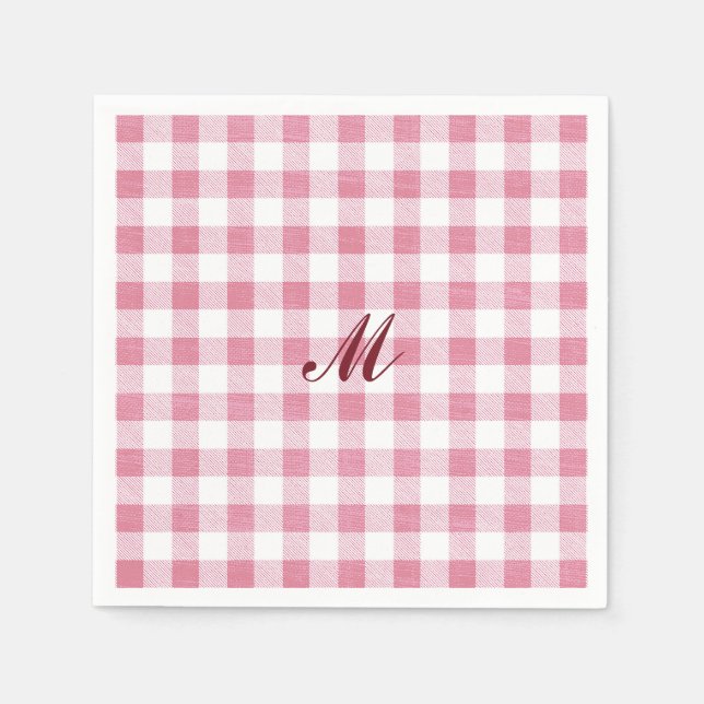 Cute Girly Preppy Pink Gingham Plaid Name Monogram Napkin (Front)
