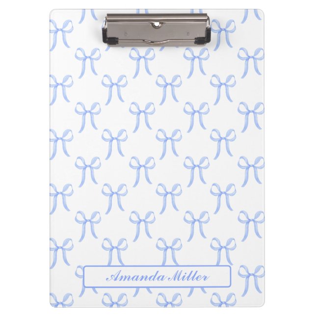 Cute Girly Pretty Blue Coquette Bows Monogram Clipboard (Front)