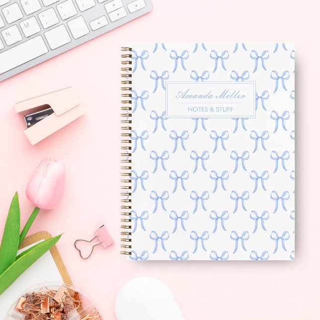 Cute Girly Pretty Blue Coquette Bows Monogram Notebook (Creator Uploaded)