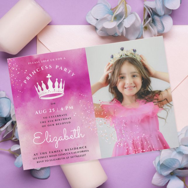 Cute Girly Princess Crown Pink Photo Watercolor   Invitation (Creator Uploaded)