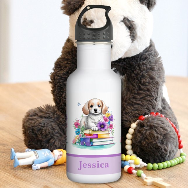 Cute Girly Puppy Books & Flowers 532 Ml Water Bottle (Creator Uploaded)