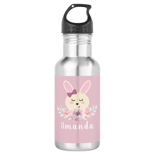 Cute Girly Purple Bunny Rabbit Floral Kids 532 Ml Water Bottle (Front)