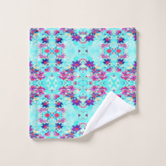Cute Girly Purple Flower Pattern on Aqua Blue Bath Towel Set (Wash Cloth)