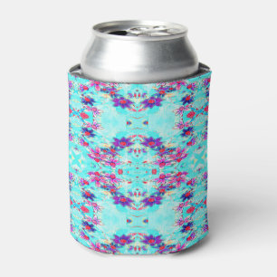 Cute Girly Purple Flower Pattern on Aqua Blue Can Cooler