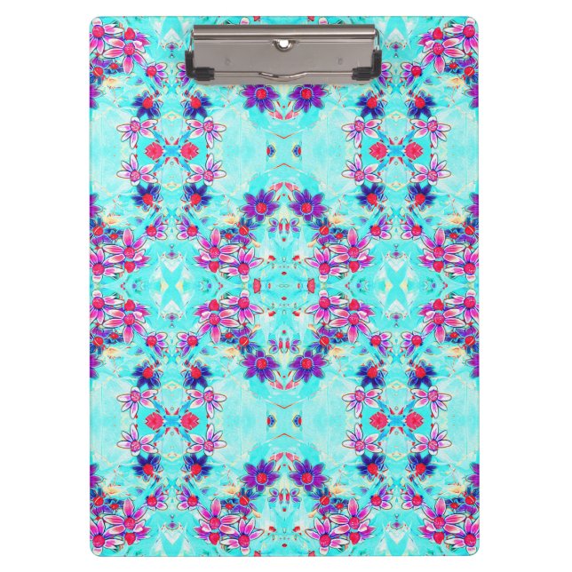 Cute Girly Purple Flower Pattern on Aqua Blue Clipboard (Front)