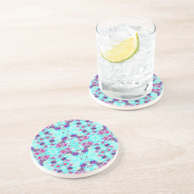 Cute Girly Purple Flower Pattern on Aqua Blue Coaster (Side)