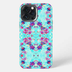 Cute Girly Purple Flower Pattern on Aqua Blue iPhone 13 Pro Max Case