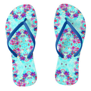 Cute Girly Purple Flower Pattern on Aqua Blue Jandals