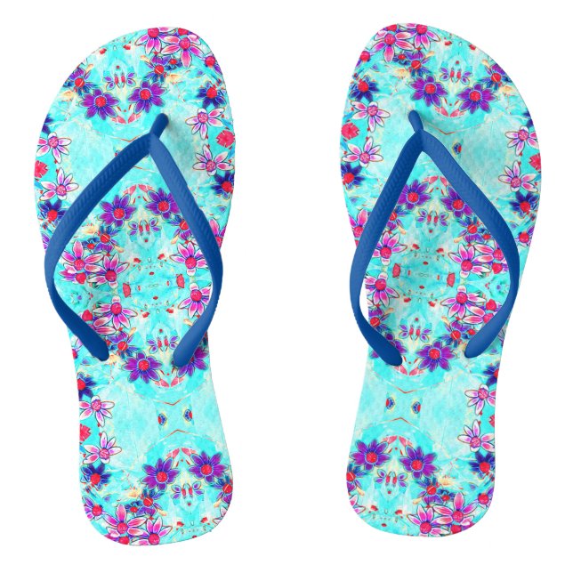 Cute Girly Purple Flower Pattern on Aqua Blue Jandals (Footbed)