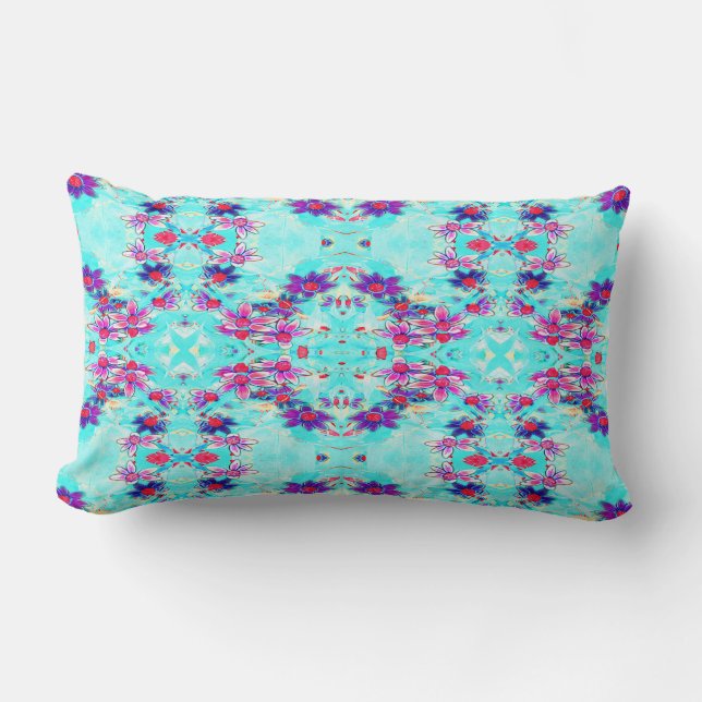 Cute Girly Purple Flower Pattern on Aqua Blue Lumbar Cushion (Front)