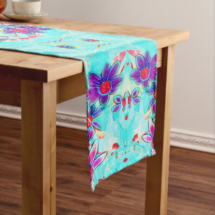 Cute Girly Purple Flower Pattern on Aqua Blue Medium Table Runner