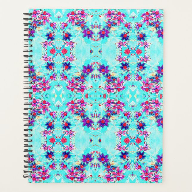 Cute Girly Purple Flower Pattern on Aqua Blue Planner (Front)