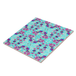 Cute Girly Purple Flower Pattern on Aqua Blue Tile