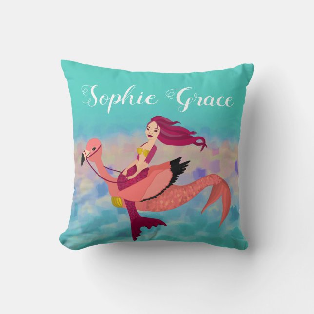 Cute Girly Purple Mermaid and Pink Flamingo Cushion (Front)