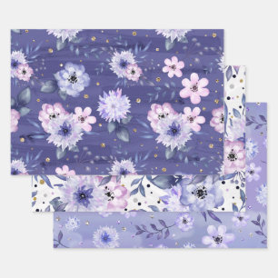 Cute Girly Purple Pink Floral Glitter Wrapping Paper Sheet
