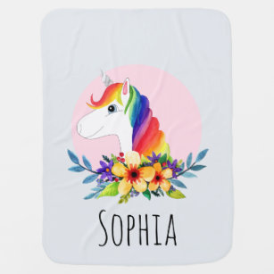 Cute Girly Rainbow Unicorn and Name Baby Blanket