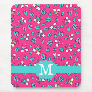 Cute Girly Rainbows Hearts & Gems Pattern Monogram Mouse Pad