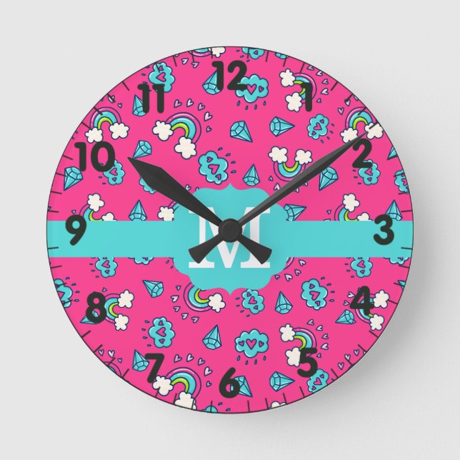 Cute Girly Rainbows Hearts & Gems Pattern Monogram Round Clock (Front)
