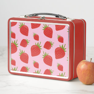 Cute Girly Red Pink Retro Strawberry Pattern Metal Lunch Box