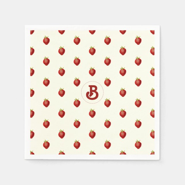 Cute Girly Red White Strawberry Name Monogram Napkin (Front)