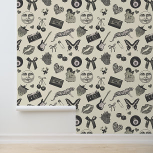 Cute Girly Retro Black Beige Aesthetic Pattern Wallpaper
