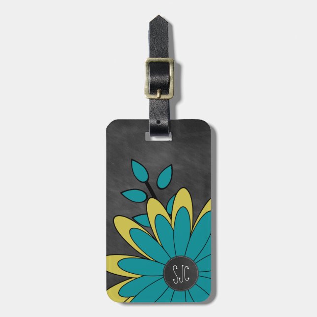 Cute Girly Retro Flower with Initials Luggage Tag (Front Vertical)