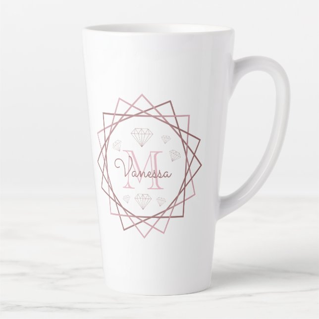 Cute Girly Rose Gold Monogram Geometric Latte Mug (Right)