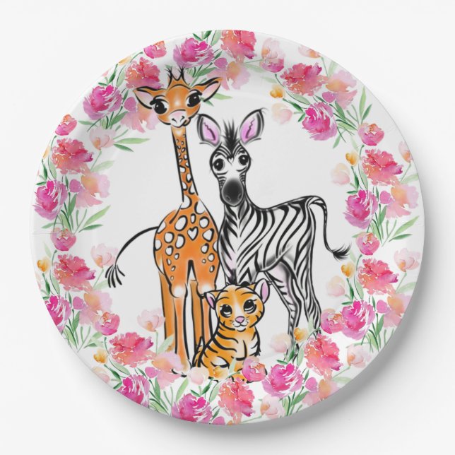 Cute girly Safari friends, giraffe, zebra, tiger Paper Plate (Front)