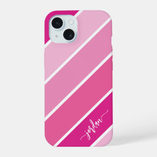 Cute Girly Script Name Pink Stripes Pattern iPhone 15 Case
