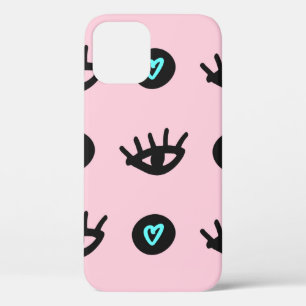 Cute girly seamless pattern with doodle eyes and h iPhone 12 case