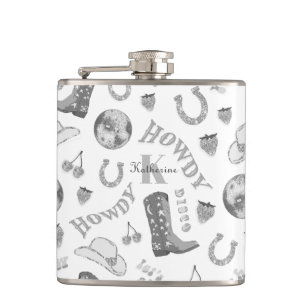 Cute Girly Silver Gray Disco Cowgirl Name Monogram Hip Flask