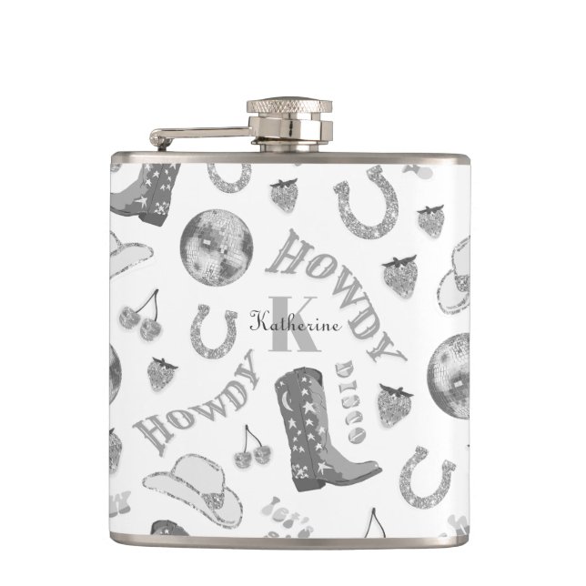 Cute Girly Silver Grey Disco Cowgirl Name Monogram Hip Flask (Front)