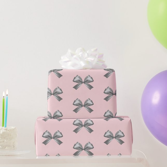 Cute Girly Silver Satin Aesthetic Bow Pink Wrapping Paper (Party Gifts)
