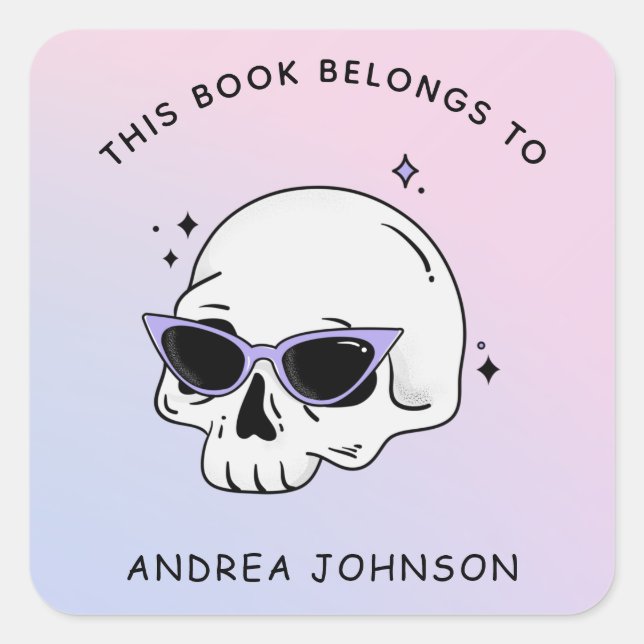 Cute Girly Skull Glasses Trendy Gradient Bookplate Square Sticker (Front)