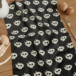 Cute Girly Skull Pattern Black Halloween Tea Towel
