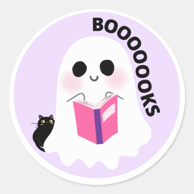 Cute girly spooky ghost black cat reading boooks classic round sticker (Front)
