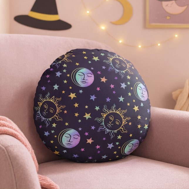  Cute Girly Stars Sun And Moon Pretty Magic Purple Round Cushion (Creator Uploaded)