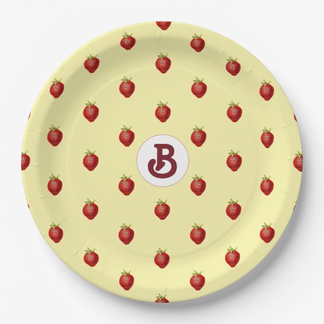 Cute Girly Strawberry Cream Name Monogram Paper Plate (Front)