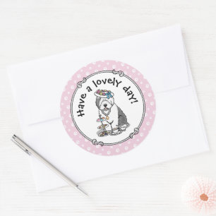 Cute Girly Tea Party Old English Sheepdog (Grey 1) Classic Round Sticker